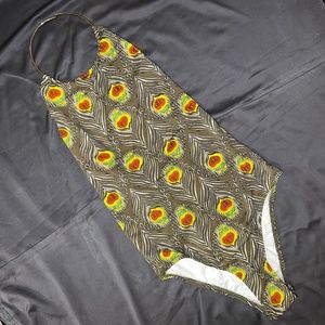 l * space Peacock Print One Piece Swimsuit, NWT